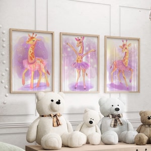 Set of 3 Ballerina Giraffe Wall Art Print or Canvas, Kids Safari Nursery Girl Room Home Decor, Dancing Animal Whimsical Purple Ballet Poster
