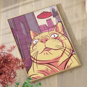 Iconic Cat Selfie with UFOs Meme Wall Art Print or Canvas, Unique and Funny Perfect Gift Meme and Art Fans Poster, Hilarious Decor Cartoon