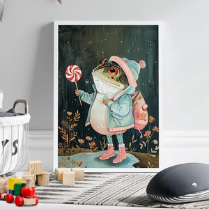 Frog In Raincoat With Lollipop Nursery Wall Art Print or Canvas, Toad Beanie & Children Illustration Poster, Puddle in Raindrops Toddler