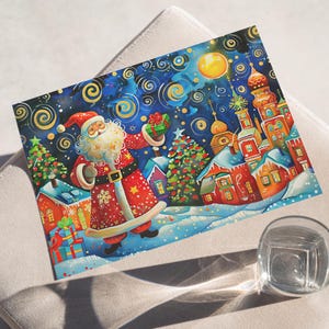 Christmas Night Beauty Santa Claus Gouache Painting Folk Art Style Poster or Canvas Print, Winter Landscape Snowy City Strarry Sky Wall Art