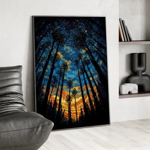 Tree Canopy Sunset Starry Night Sky Wall Art Poster or Canvas Print, Forest Canopy Art, Nature Wall Art, Celestial Night Forest Trees Print