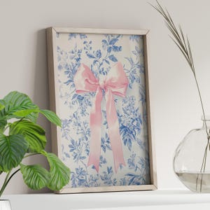 Pink Bow Blue Toile Watercolor Wall Art Poster or Canvas Print, Love Shack Fancy Wall Prints, Coquette Room Decor, Floral Girls Nursery Art