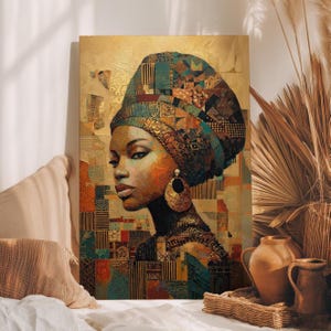 African Queen Art Poster or Canvas Print, Elegant Abstract Portrait with Cultural Motifs, Geometric Patterns and Earthy Tones Ethnic Decor