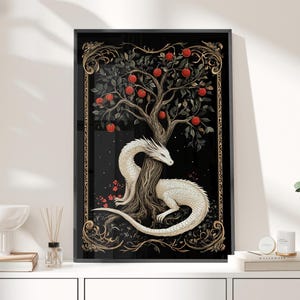 White Dragon Under a Tree Folk Art Style Print Poster or Canvas, Folklore Dragon Dark Wall Art, Fantasy Wall Art, Medieval Dragon Art Print