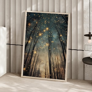 Whimsical Night Forest with Luminous Fireflies Art Print Poster or Canvas Print, Fantasy Landscape Magical Night Woodland, Cottagecore Decor