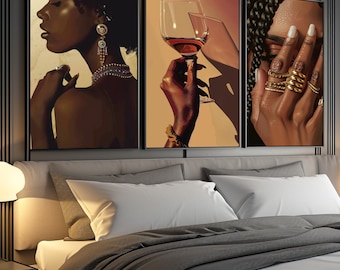Set of 3 Luxurious Stylish Black Woman Wine Wall Art or Canvas, Sophisticated Woman Boho Wall Art, Beautiful Women with Wine Glass Art Print