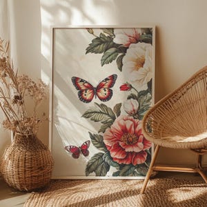 Beautiful Flowers and Butterflies Realistic Wall Art Poster or Canvas Print, Minimalist Botanical Art Print, Floral Cottagecore Home Decor