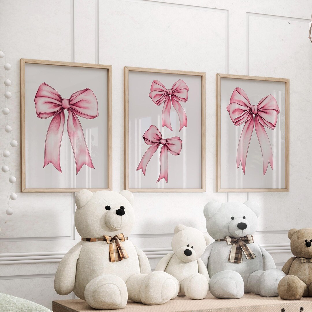 Watercolor Pink Bow Prints Nursery Set of 3 Wall Art Poster or Canvas ...