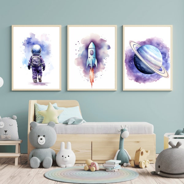 Purple Nursery Decor Space Boy or Girl Prints Set Of 3 Wall Art, Nursery Wall Art Space, Watercolor Space Nursery Prints, Astronaut Prints