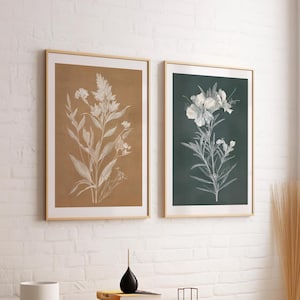 2 Piece Set Wildflower Line Art Poster or Canvas Print, Neutral Minimalist Wall Art, Botanical Drawing Elegant Line Floral Illustration Art