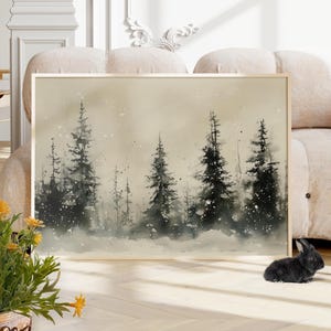 Pine Trees Winter Landscape Vintage Watercolor Painting Poster or Canvas Print, Muted Rustic Art Print, Snowy Landscape Country Home Decor
