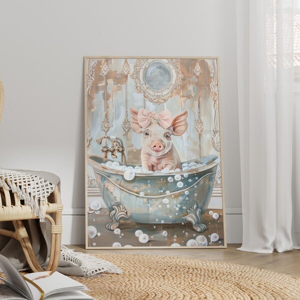 Cute Piglet in Bathtub Vintage Art Print, Retro Elegant Pig in Tub Art, Whimsical Pig Art Nursery Wall Decor, Pig with Bow Bathroom Wall Art