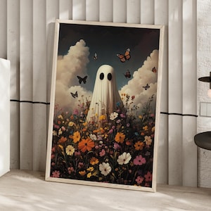 Ghost in the Flower Field with Butterflies Whimsical Wall Art Poster or Canvas Print, Spooky Whimsical Wall Decor, Ghost In Wildflowers Art
