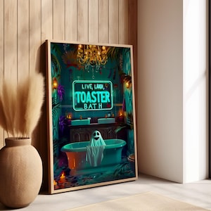 Live Laugh Toaster Bath Ghost in Bathtub Modern Art Poster or Canvas Print, Funny Ghost Bathroom Decor, Gothic Wall Art, Cottagecore Decor