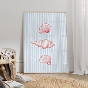 Striped Three Seashells Red Line Art Poster or Canvas Print, Retro Seashell Coastal Print, Western Matchbox Art, Seashell Collection Print