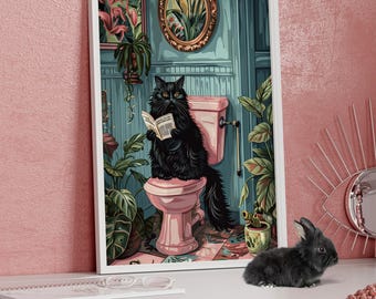 Funny Black Cat on a Pink Toilet Botanical Bathroom Wall Decor Poster or Canvas Print, Cat in Vintage Bathroom Reading Newspaper Art Print