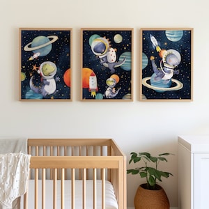 Outer Space Dinosaurs Set of 3 Canvas or Poster Print, Dinosaurs Wearing Retro Bubble Astronaut Helmets Cute Watercolor Planet Illustrations