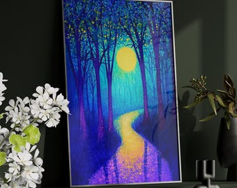 Purple Mystical Nature Claude Monet Inspired Art Poster or Canvas Print, Blue Nature Moonlit Forest Path Enchanted Woods Wall Art Home Decor