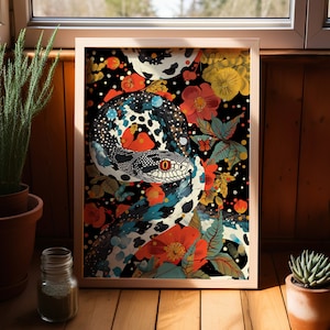 Snake Dark Floral Art Print Poster or Canvas, Floral Abstract Animal Print, Floral Botanical Wildlife Wall Art, Black Floral Snake Poster