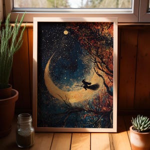 Witch on a Broom Flying Through the Enchanted Starry Night Sky with a Crescent Moon Poster or Canvas Art Print, Mystical Halloween Art Print