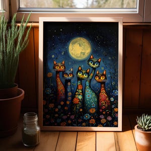 Enchanted Moonlit Cats Wall Art Poster or Canvas Print, Mystical Floral Patterned Cats, Whimsical Starry Night Art, Magical Full Moon Print