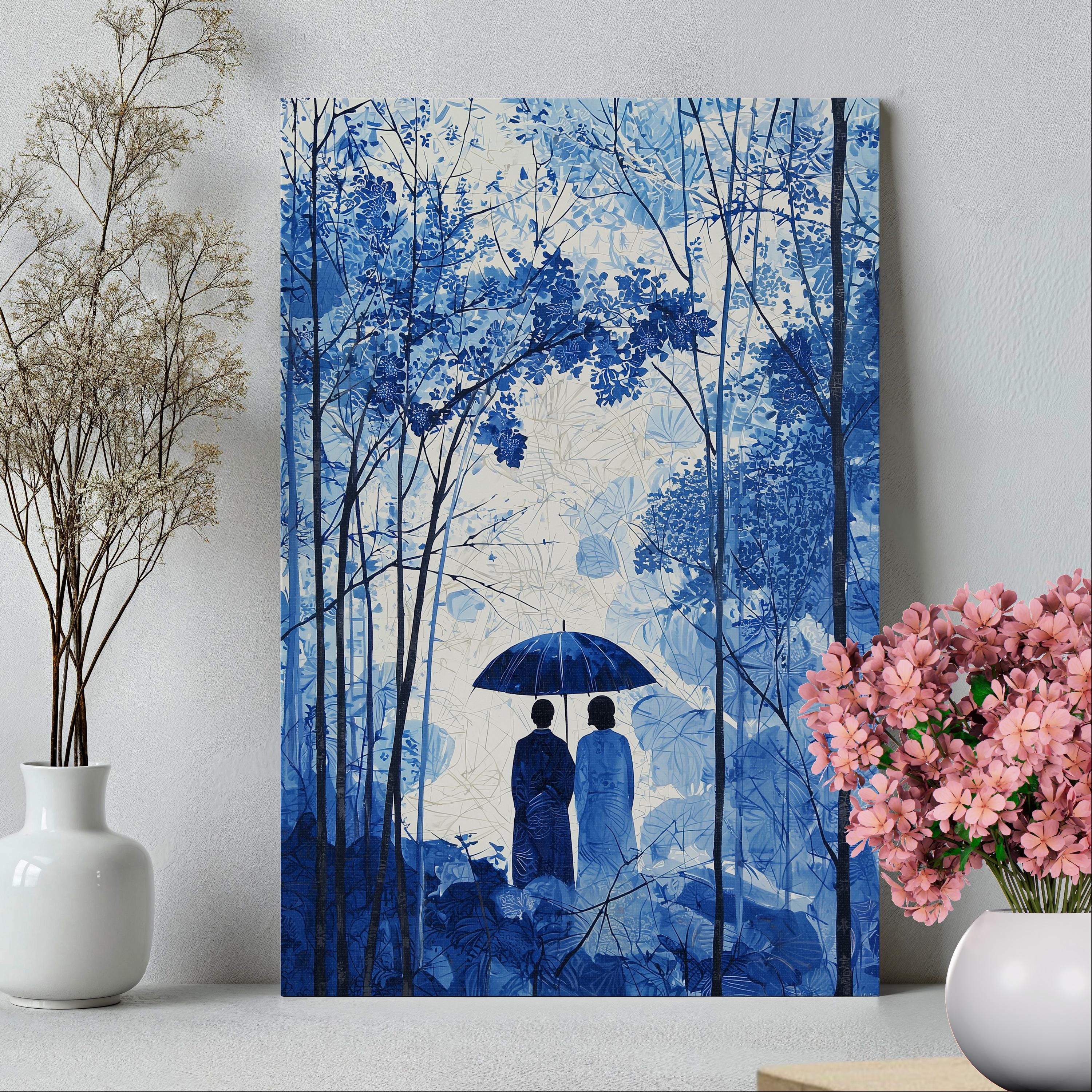 Serene China Scene Blue Landscape Abstract Art Poster or Canvas