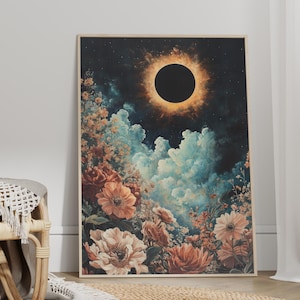 Solar Eclipse over Floral Landscape Vintage Painting Poster or Canvas Print, Mystical Dark Academia Dark Cottagecore Decor, Sun and Moon Art