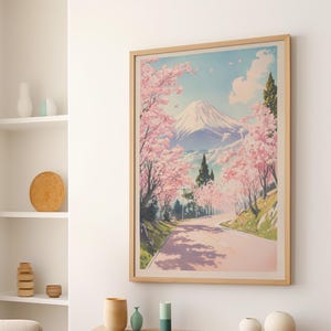 Mount Fuji Wall Art Soft Pastel Pink Cherry Blossom Road Poster or Canvas Print, Japanese Sakura Flowers Mountain Wall Art, Asian Landscape