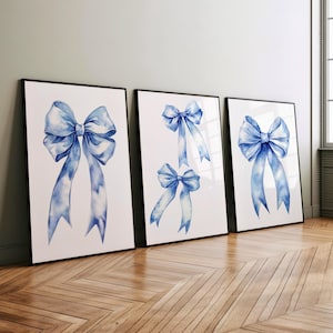 Watercolor Blue Bow Prints Nursery Set of 3 Wall Art Poster or Canvas Print, Pale Blue Bow Minimalist Girls Room Decor, Trendy Bows Poster