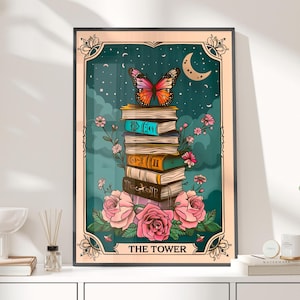 Stack of Books Tarot Card Floral Art Poster or Canvas Print, The Tower Tarot Card, Book Stack Art Print, Retro Botanical Floral Tarot Card