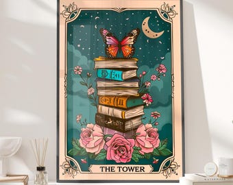 Stack of Books Tarot Card Floral Art Poster or Canvas Print, The Tower Tarot Card, Book Stack Art Print, Retro Botanical Floral Tarot Card