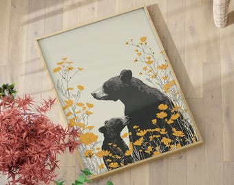 Floral Mother Child Bear Wall Art Poster or Canvas Print, Woodland Wildlife Print, Cottagecore Nursery Baby Shower Gift, Kids Room Decor