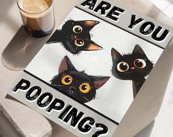Cute Black Cats Are You Pooping Toilet Wall Art or Canvas, Funny Bathroom Art Print, Whimsical Black Cats Toilet Poster, Modern Funny Print