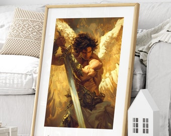 Archangel Michael With Sword Guardian's Embrace Wall Art or Canvas, Vintage Warrior Angel Art Print, Guardian Angel Warrior Poster Print
