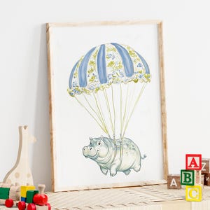 Whimsical Hippo in Parachute Nursery Art Poster or Canvas Print, Hot Air Balloon Print, Animal Kids Wall Art, Blue Green Baby Room Decor