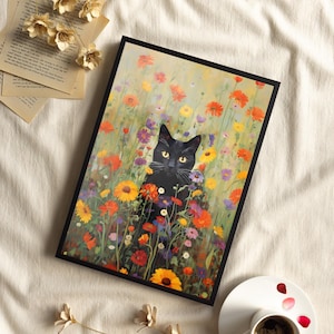 Klimt Flowers Cat Art Print or Canvas, Gustav Klimt Garden Cat Print, Black Cat Art, Floral Poster, Gift Funny Cat Print, Monet Cat Lovers