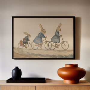 Vintage Bunny Wall Art Peter Rabbit Poster or Canvas Print, Benjamin Bunny and Friend Riding on Bicycles, Biking Family Nursery Wall Art