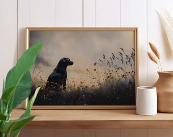 Black Labrador Dog in the Dark Wildflower Field Moody Painting Poster or Canvas Print, Vintage Hunting Dog Dark Cottagecore Botanical Art