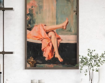 Vintage Bathtub Woman Wall Art Poster or Canvas Print, Lady Pastel Pink Oil Painting, Feminine Bathroom Wall Decor, Glam Retro Gift for Her