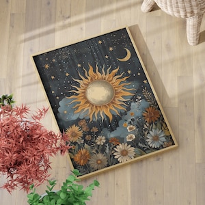 Vintage Sun Celestial Wall Art Poster or Canvas Print, Floral Botanical Folk Art Print, Mystical Moon Dark Cottagecore Decor, Boho Wall Art