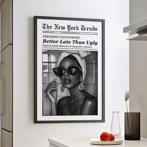 Better Late Than Ugly Black Woman Makeup Newspaper Wall Art Poster or Canvas, Vintage Female Funny Bathroom Sign, Retro Trendy Wall Prints