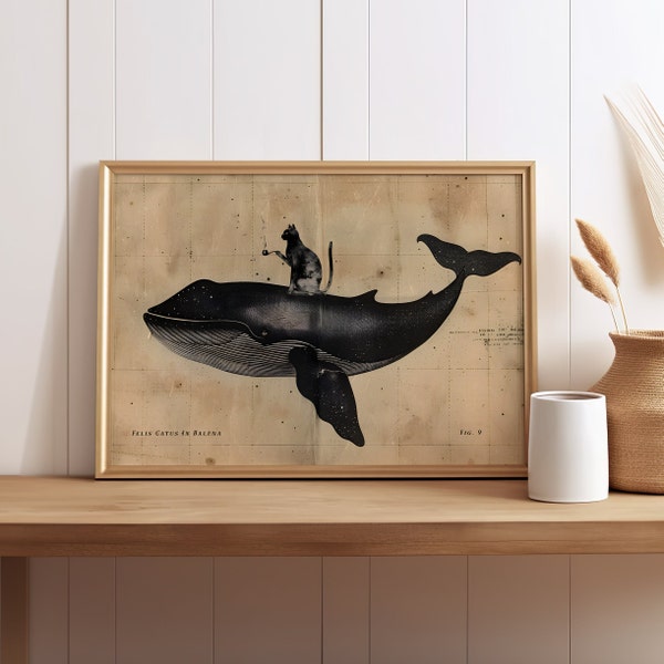 Black Cat Smoking Riding Whale Vintage Art Print, Cat Posters, Whimsical Cat and Whale Vintage Animal Wall Art Canvas or Poster Print