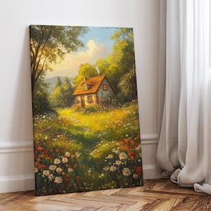 Serene Landscape with Cozy Cottage Poster or Canvas Print, Spring Scenery Cottagecore Print, Wildflower Field Fairycore Country Wall Decor