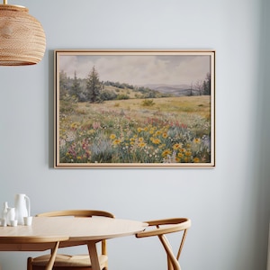 Impression d'art mural champ de fleurs sauvages vintage ou toile, cottage de fleurs de campagne, décoration de ferme vintage, affiche de prairie florale printanière botanique