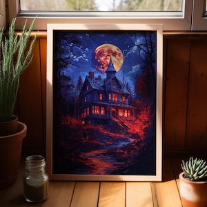 Old Haunted House In The Dark Forest Under The Full Moon Surreal Art Poster or Canvas Print, Dark Academia, Moon and Haunted House Dark Art