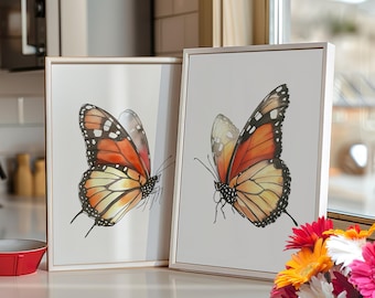 Watercolor Monarch Butterfly Wall Art Poster or Canvas Print, Set of 2 Butterfly Prints, Minimalist Pair Butterflies Wall Art, Nursery Decor