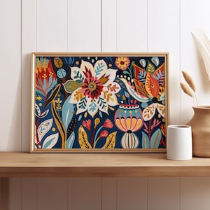 Mexican Style Flowers Colorful Abstract Wall Art Canvas or Poster Print, Abstract Flowers Boho Floral Latino Wall Art, Botanical Art Print
