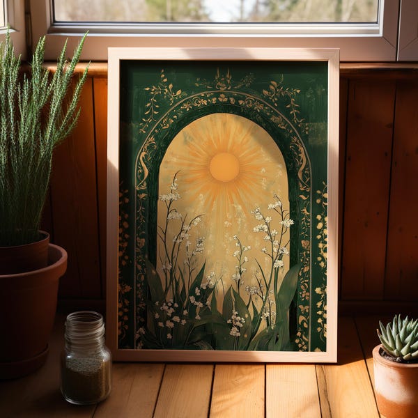 Vintage Emerald Green Lily of the Valley Paining Poster or Canvas Print, Art Nouveau Print, Mystical Folk Art Illustration, Botanical Print