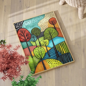 May include: Abstract art print featuring a colorful landscape with stylized trees in shades of green, red, and yellow. The background is a blue and white sky with white dots.