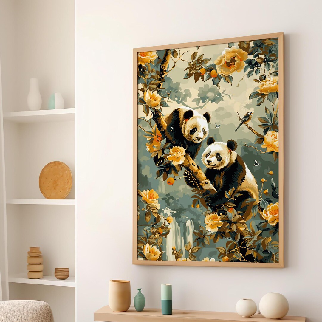 Two Pandas in A Tree Yellow Peonies Wall Art Poster or Canvas Print ...